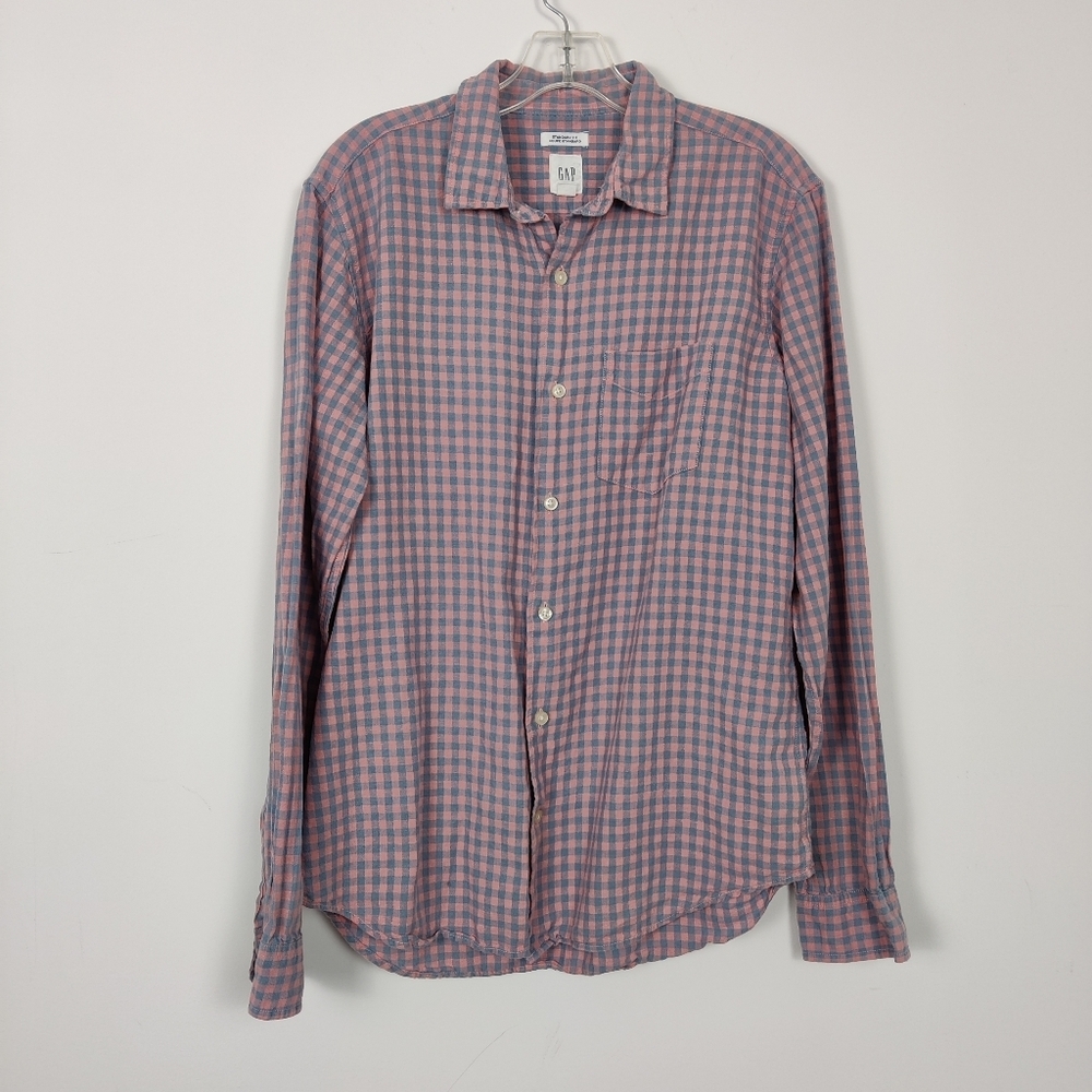Gap Men's Button Down Shirt in Pink Blue Plaid Cotton Linen Casual Quiet Luxury